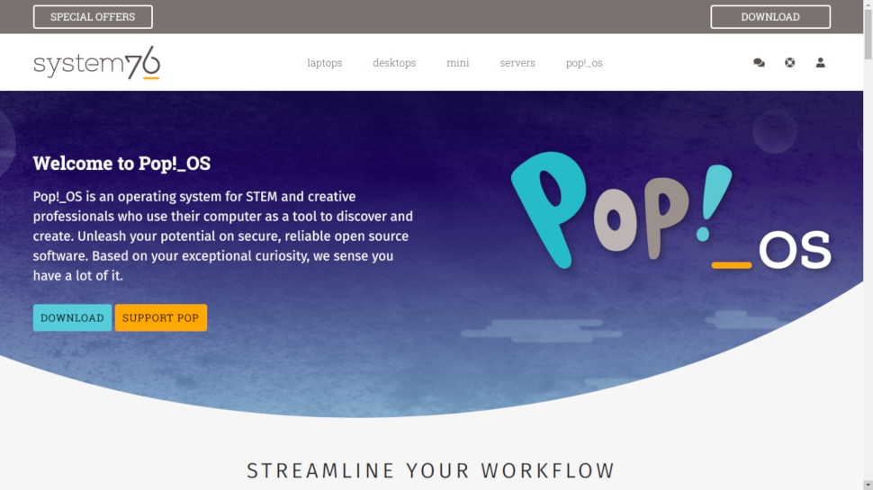 screenshot of Pop!_OS homepage