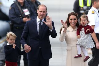 Prince George of Cambridge, Prince William, Duke of Cambridge, Catherine, Duchess of Cambridge, and Princess Charlotte of Cambridge are seen leaving from Victoria Harbour Airport on October 1, 2016