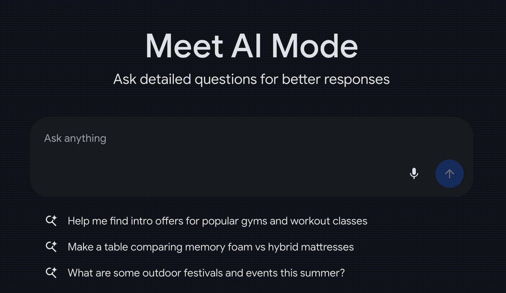 A screenshot showing the "Meet AI Mode" tool from Google.