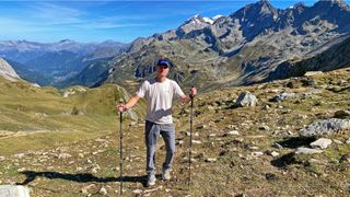 Man trekking with Black Diamond Trail Cork Trekking Poles in the Haute-Savoie in the French Alps
