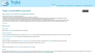Trojitá's about page, discussing its services as an IMAP email client