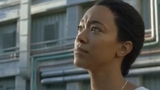 Sonequa Martin-Green looking up and to the right in The Walking Dead