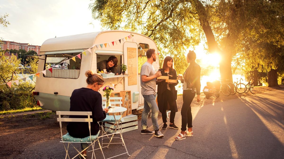 Customers outside a food truck