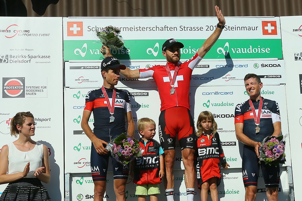 Danilo Wyss on the Swiss road race podium.