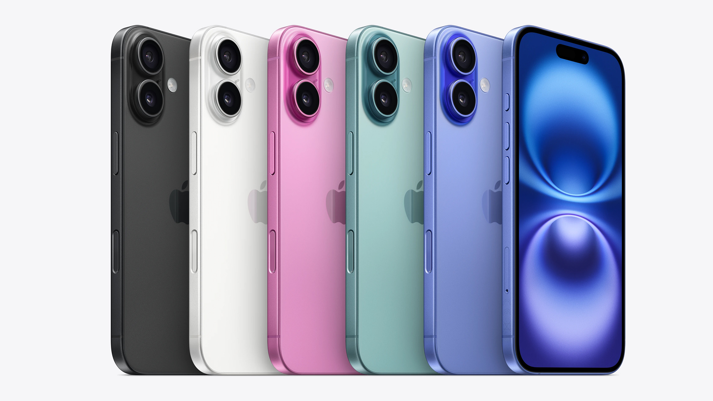 A lineup of five iPhones in different colors: black, white, pink, green, and blue, with the blue phone displaying its screen