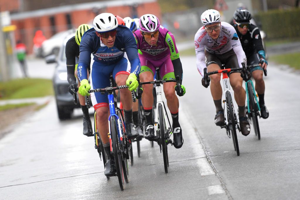 NOKERE BELGIUM MARCH 17 Damien Gaudin of France and Team Total Direct Energie Samuele Zoccarato of Italy and Team Bardiani Csf Faizane Anthony Jullien of France and AG2R Citren Team Thibault Ferasse of France and Team BB Hotels PB KTM during the 75th Nokere Koerse Danilith Classic 2021 Mens Elite a 1955km race from Deinze to Nokere Breakaway NokereKoerse on March 17 2021 in Nokere Belgium Photo by Luc ClaessenGetty Images