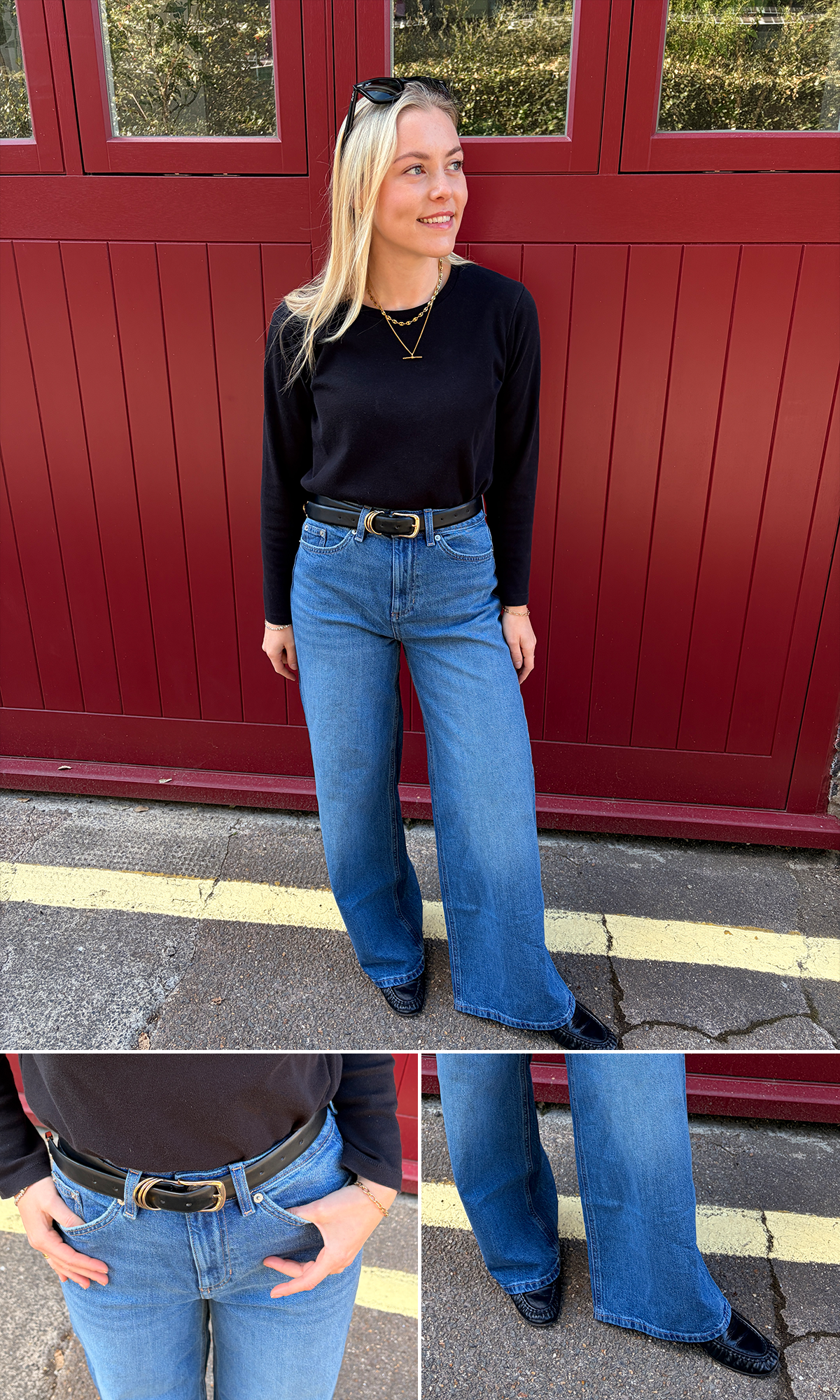 Woman wears black top, blue wide leg jeans, black belt and loafers