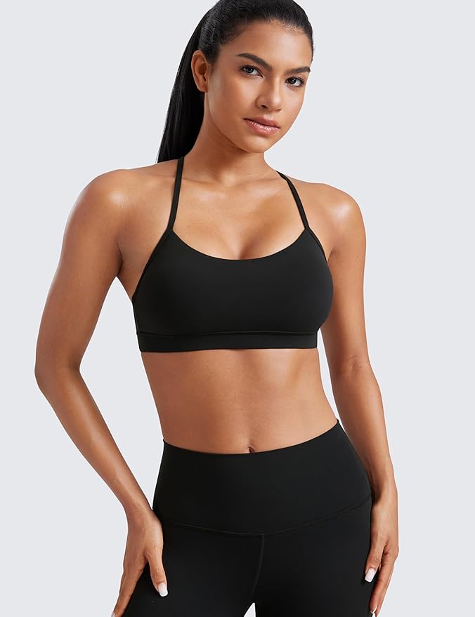 CRZ YOGA, Crz Yoga Butterluxe Womens Y Back Sports Bra - Padded Racerback Low Impact Spaghetti Thin Strap Workout Yoga Top Black Medium