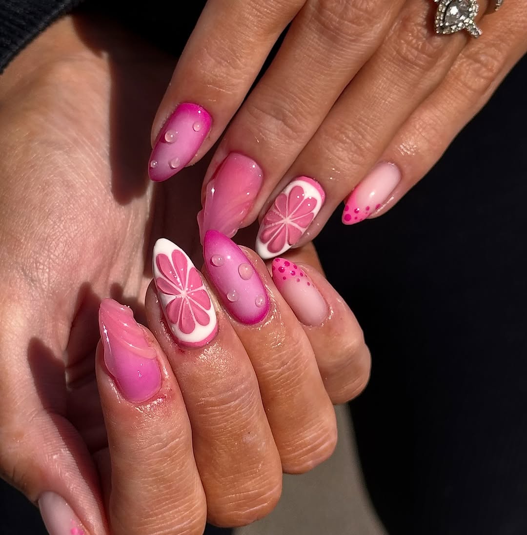 pink nails with grapefruit design