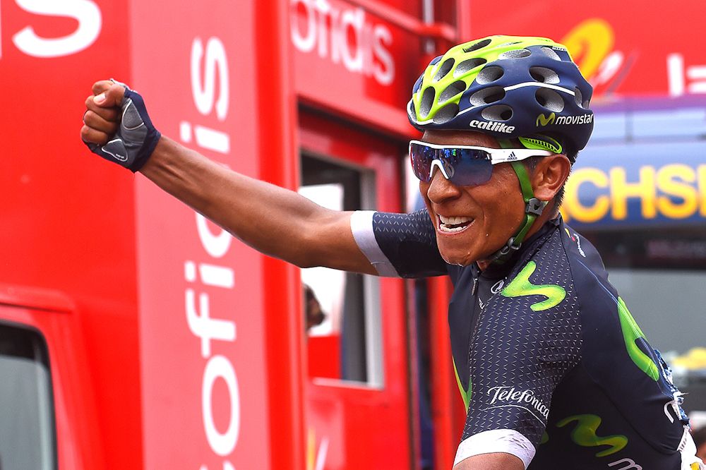 Nairo Quintana celebrates his stage 10 at the Vuelta a Espana.