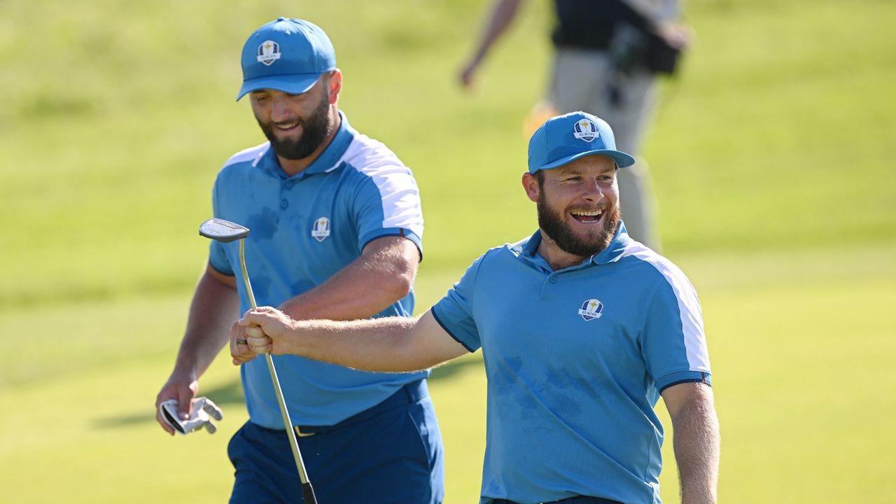 Jon Rahm and Tyrrell Hatton in the Friday morning foursomes at the Ryder Cup at Marco Simone