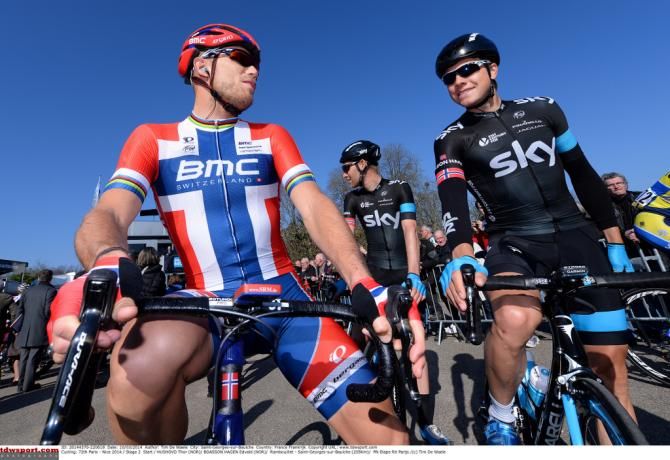Current Norwegian national champion Thor Hushovd (BMC) with past champion Edvald Boasson Hagen (Sky)