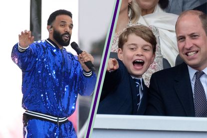 Prince George Craig David - Craig David wearing a blue sequin suit as he performs in the Jubilee concert, next to a picture of Prince George pointing to something, next to his father, Prince William 