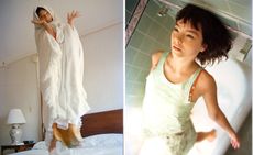 Björk jumping on bed and in bathroom, from the Spike Jonze exhibition The Day I Met Björk