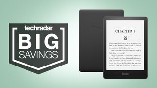 Amazon Kindle 2022 on light green background with 'big savings' text overlay