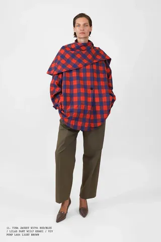 The Row model wearing plaid coat and green trousers