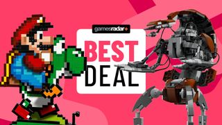 Lego Super Mario and Yoshi set and a Droideka kit on either side of a 'best deal' badge, all against a pink background