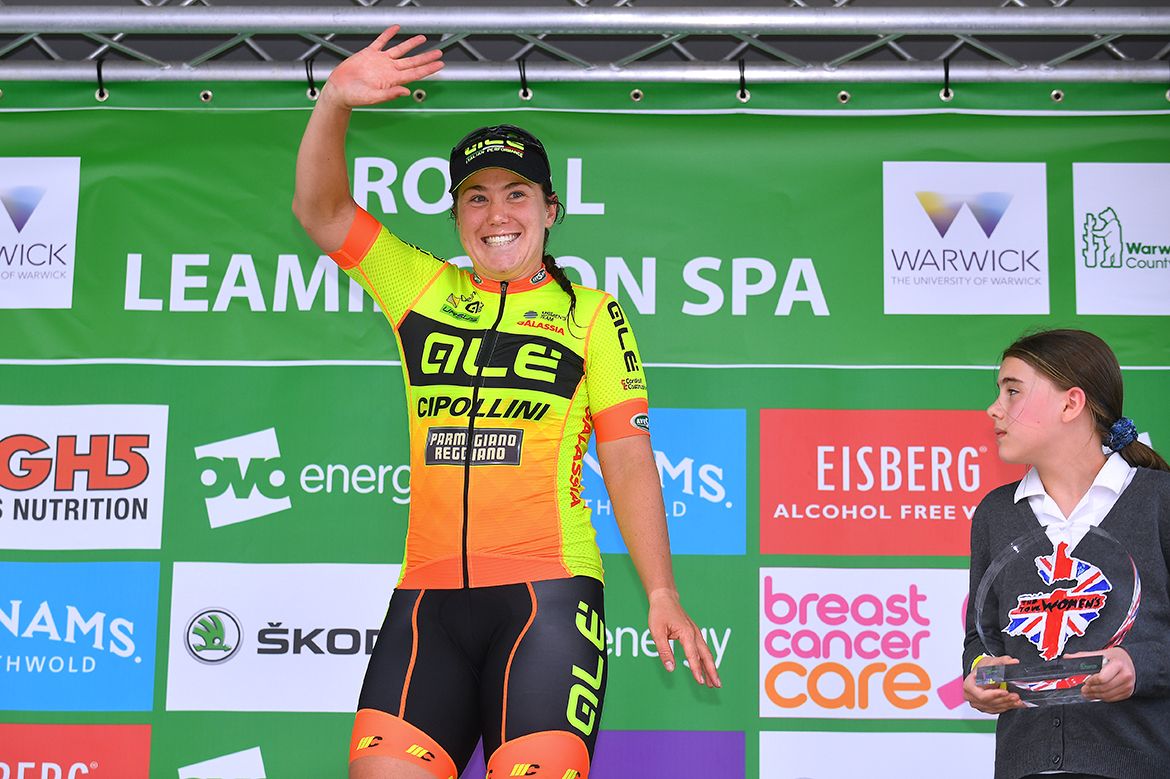 Chloe Hosking on the podium after stage 3 of the Ovo Energy Women's Tour