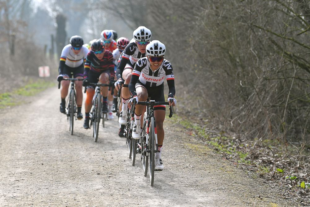 Coryn Rivera (Team Sunweb) leads the bunch at at Gent-Wevelgem