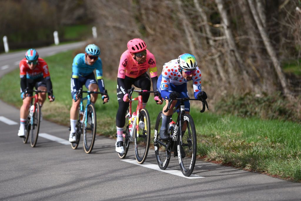 MONT BROUILLY FRANCE MARCH 06 Mathieu Burgaudeau of France and Team TotalEnergies Polka Dot Mountain Jersey leads the breakaway during the 82nd Paris Nice 2024 Stage 4 a 183km stage from ChalonsurSane to Mont Brouilly 476m UCIWT on March 06 2024 in Mont Brouilly France Photo by Alex BroadwayGetty Images