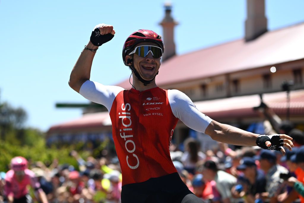 WILLUNGA AUSTRALIA JANUARY 21 Bryan Coquard of France and Team Cofidis celebrates at finish line as stage winner during the 23rd Santos Tour Down Under 2023 Stage 4 a 1332km stage from Port Willunga to Willunga Township 138m TourDownUnder WorldTour on January 21 2023 in Willunga Australia Photo by Tim de WaeleGetty Images