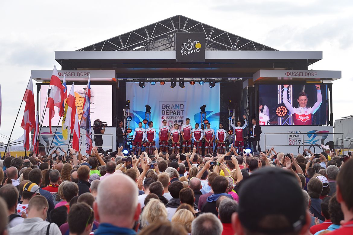 Team Katusha on stage at the Tour de France presentation