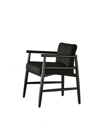 Black wooden dining chair with armrests and padded seat and back upholstered in black leather