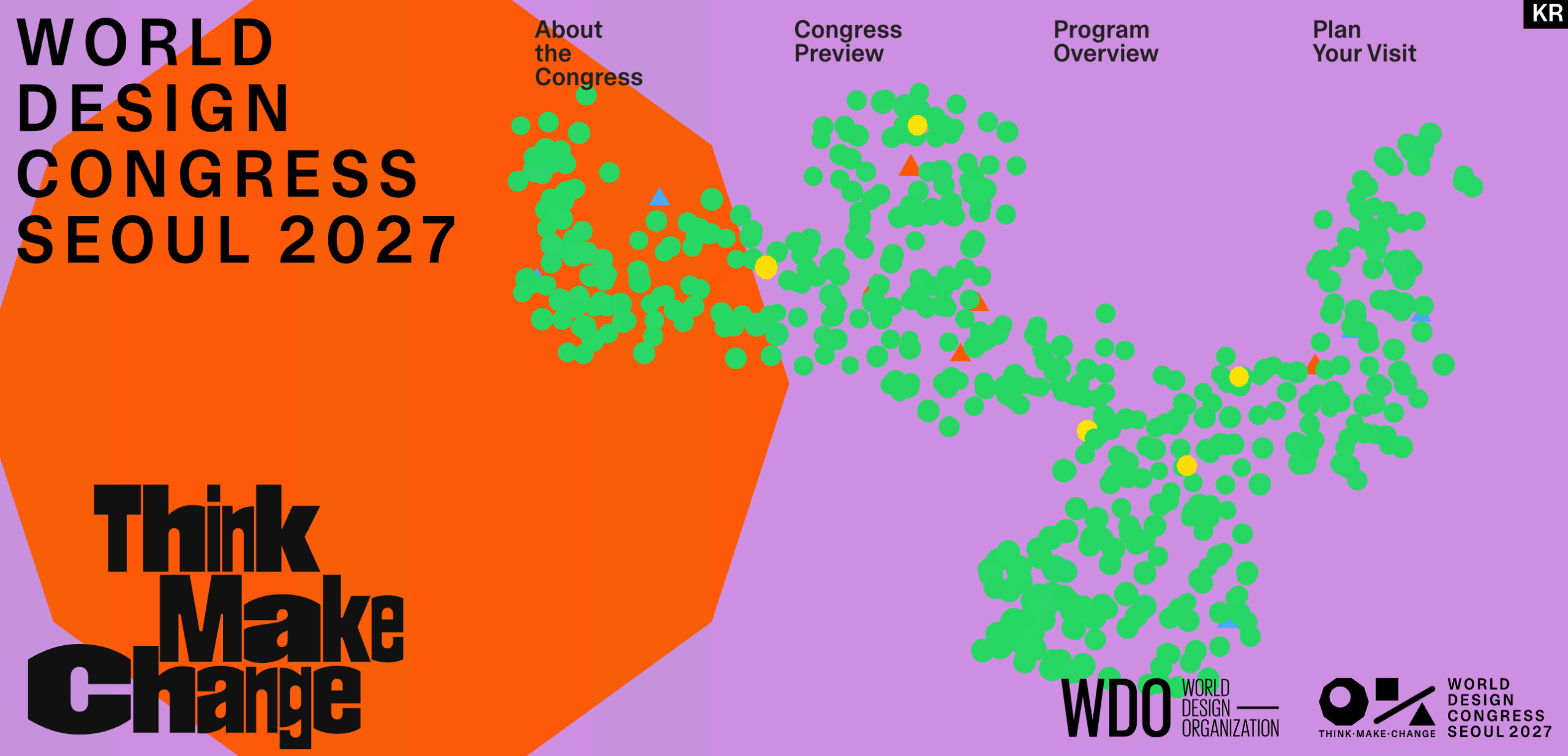 A homepage in orange and lilac tones, with green dots and small yellow, blue and orange shapes scattered across the right-hand side