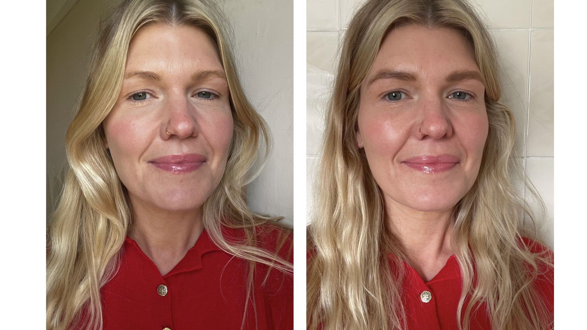 beauty editor fiona mckim pictured in a red top with sparse eyebrows then having applied vieve brow definer