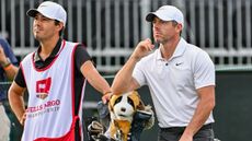 Rory McIlroy and caddie Harry Diamond wait for the group ahead at the Wells Fargo Championship