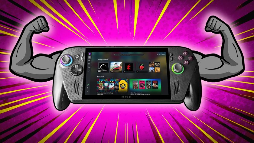 An Xbox Ally X with cartoon arms drawn flexing behind it.