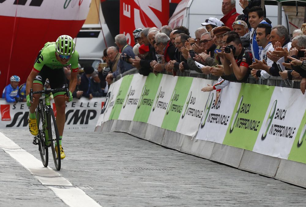 Toms Skujins on his way to winning stage 2 at the 2017 Coppi e Bartali