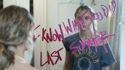 a scene from i know what you did last summer amazon's reboot, lipstick on mirror in bathroom