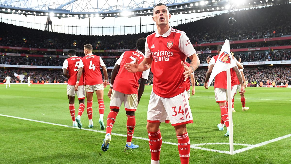 Granit Xhaka celebrates an Arsenal goal at the Emirates corner flag