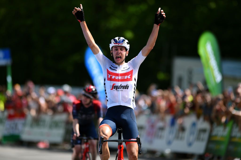 GYNGYSKKESTET HUNGARY MAY 15 Antonio Tiberi of Italy and Trek Segafredo celebrates winning during the 43rd Tour de Hongrie 2022 Stage 5 a 184km stage from Miskolc to GyngysKkestet 992m tourdehongrie on May 15 2022 in GyngysKkestet Hungary Photo by Dario BelingheriGetty Images