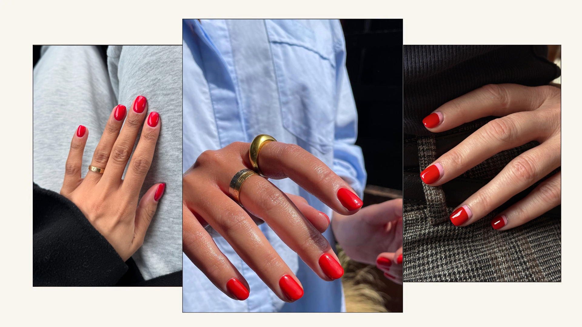 Photo collage of summery red nail designs 