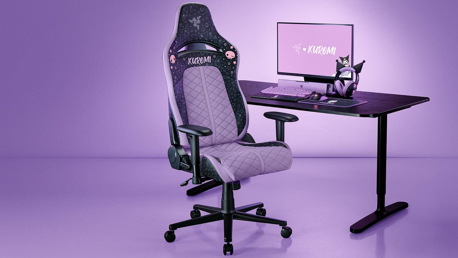 Official promo image of the Razer Enki X gaming chair, with a purple background.