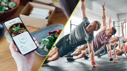 Diet vs exercise split image, showing a woman consulting a diet app whilst eating a salad and a group of people exercising in a gym