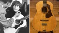 John Lennon holds his Framus 12-string guitar (left), the Framus 12-string guitar sits on a stand