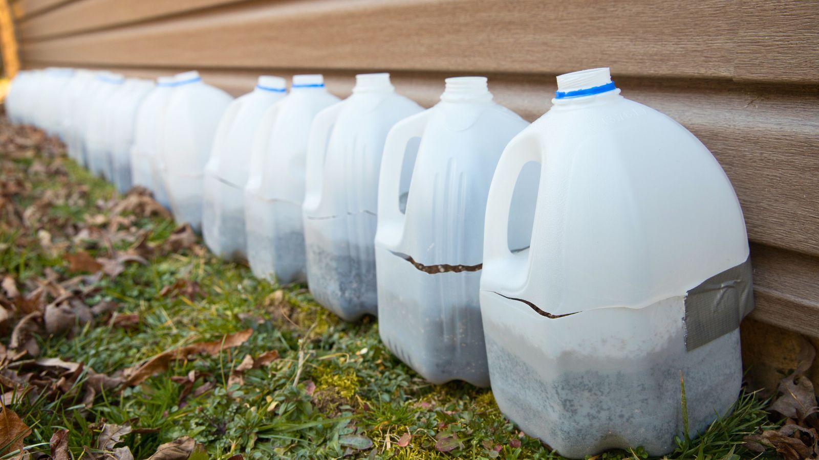 Milk jugs used for winter seed starting for flowers