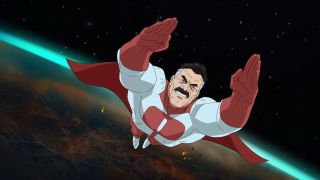 Omni-Man, voiced by J. K. Simmons, flies through space in an image from Invincible season 2