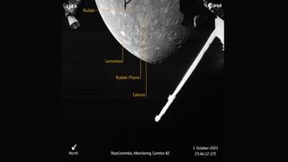 This annotated view of the first photo of Mercury by BepiColombo identifies major craters and other features spotted by the mission's Mercury Transfer Module Monitoring Camera 2 during a flyby on Oct. 1, 2021.