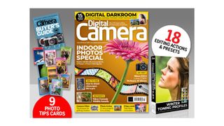 Front cover of issue 291 (March 2025) of Digital Camera magazine and images showing the highlights of the bonus gifts included with the magazine - nine photo tips cards, 18 software extras and two ebooks