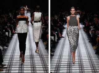 Models on a catwalk featuring a pebbly white jacquard dress with a prim pencil skirt in white and grey mink.