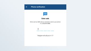 Screenshot of the Telegram screen in which you're supposed to type your verification code.