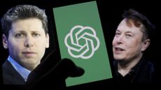 Two cutouts of two men's heads appear on either side of a person holding a phone with a green background and a red flower-shape logo on the screen.