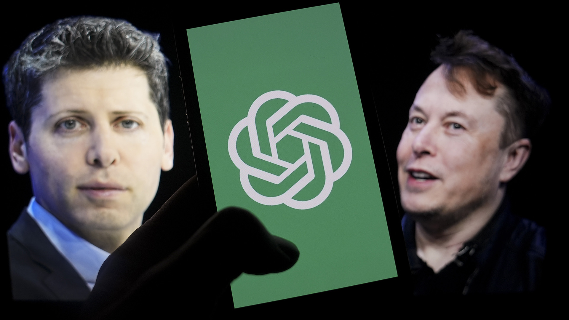 Two cutouts of two men's heads appear on either side of a person holding a phone with a green background and a red flower-shape logo on the screen.