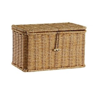 A brown wicker woven storage basket with a hinge lid 