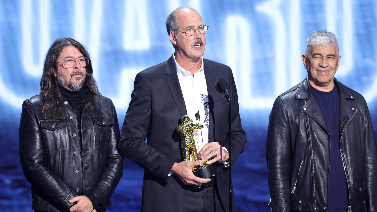Nirvana on stage with their MTV award