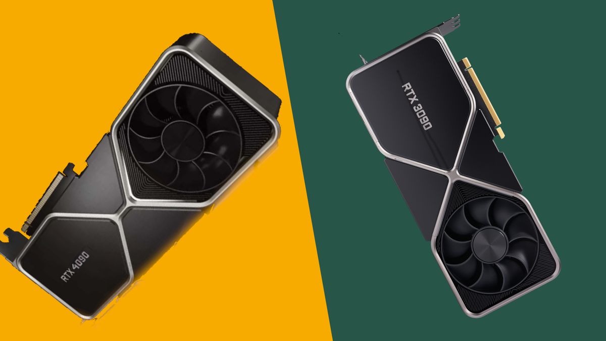 A mock up of the rumored RTX 4090 and a real RTX 3090 with colorful background